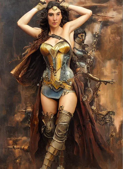 Prompt: oil painting highly detailed steampunk gal gadot action pose : leonardo da vinci, greg rutkowski, magali villeneuve