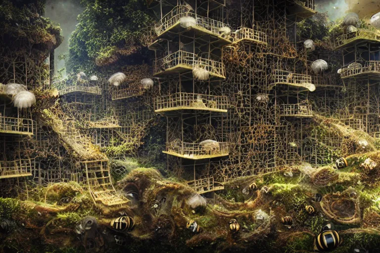 Image similar to favela jellyfish honeybee hive, wooded environment, industrial factory, horror, award winning art, epic dreamlike fantasy landscape, ultra realistic,