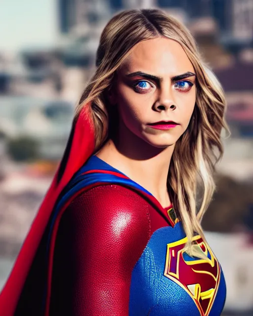 Image similar to high quality presentation photo of a cara delevigne as supergirl, photography 4k, f1.8 anamorphic, bokeh, 4k, Canon, Nikon