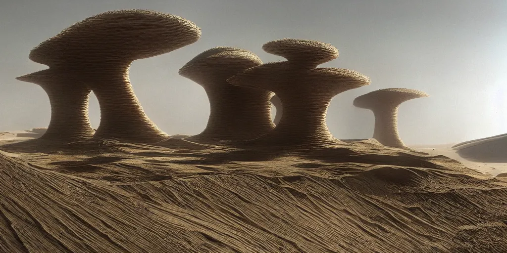 Image similar to dune but there are trees and water like an oasis, city and temples of arrakis, arrakeen, arab ar architectural and brutalism and gigantism, from frank herbert novels, composition idea concept art for movies, style of denis villeneuve and greg fraiser