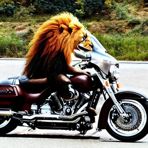 Image similar to a cool lion on a Harley Davidson on the road, cinematic