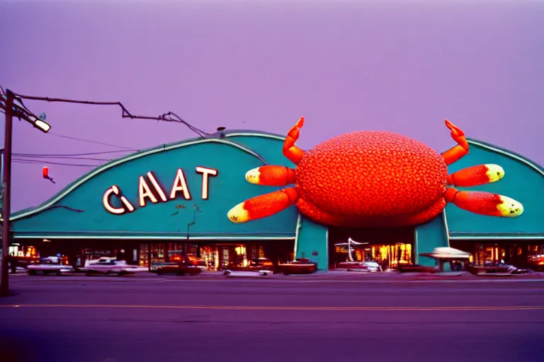 Image similar to 2 0 1 5 giant crab terrorizing a city, googie architecture, americana, fishcore, exterior photography, hd 8 k, photography cinestill