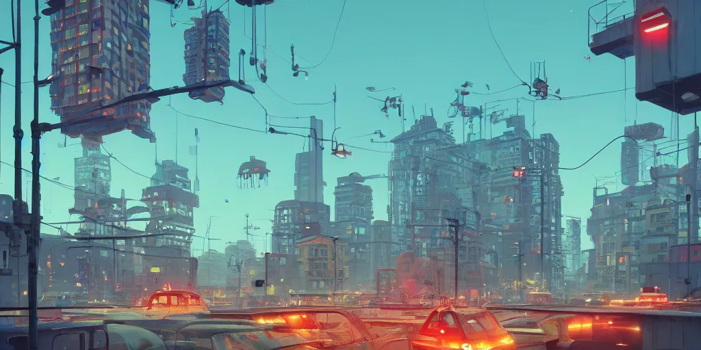 Image similar to city, building, cars, neon lights, dystopia, park tree, people, happy town, close view of street, fish eye view lens , by Goro Fujita and Simon Stalenhag , 8k, trending on artstation, hyper detailed, cinematic