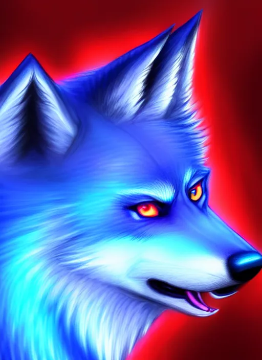 Prompt: blue wolf, red eyes highly detailed, deep focus, digital painting, smooth, sharp focus, anime art style, trending on artstation, 4 k