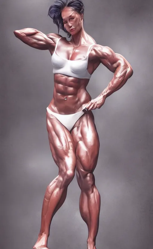 Image similar to realistic colorful photo portreit of beautiful bodybuilder woman posing in white peignoir, full leight, ultra rendered extreme realism and detail, 8 k, highly detailed, realistic, photorealistic,