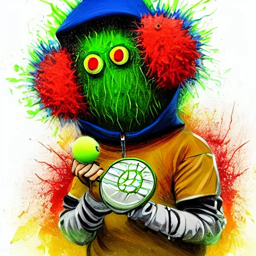 Image similar to a tennis ball monster wearing a hoodie ,tennis ball, tennis racket, colorful, digital art, fantasy, magic, trending on artstation, ultra detailed, professional illustration by Basil Gogos