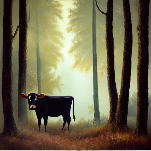 Image similar to Highly realistic painting of a cow standing in the middle of a dark forest, oak trees, fog, moody lighting, volumetric lighting