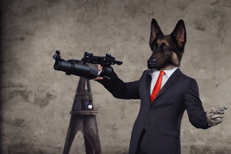 Image similar to film still of furry anthro anthropomorphic german shepard head animal person fursona wearing clothes a suit and tie standing holding a gun in a garage in an action movie posing for the camera 2020, 4k