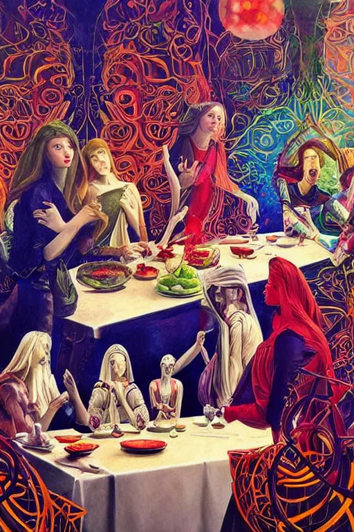 Prompt: realistic detailed beautiful painting of a futuristic last supper by Anna and Elena Balbusso, Art Nouveau, rich deep vibrant colors