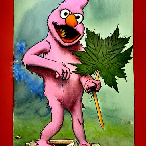 Prompt: a realistic and atmospheric watercolour fantasy character concept art portrait of elmo with pink eyes smoking a huge blunt looking at the camera with a pot leaf nearby by rebecca guay, michael kaluta, charles vess and jean moebius giraud