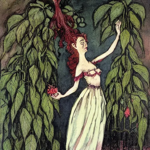 Image similar to dark gothic fairy wearing a gown posing with castor bean plant by Cicely Mary Barker