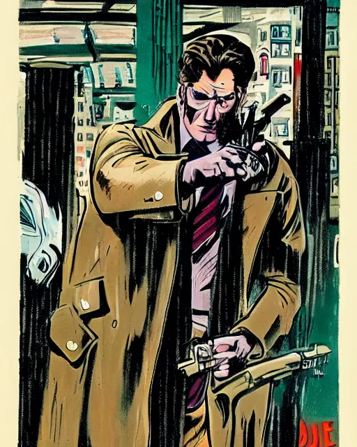 Prompt: detective with revolver, wearing trenchcoat, 1 9 7 0 s nyc, rainy, artwork by frank miller