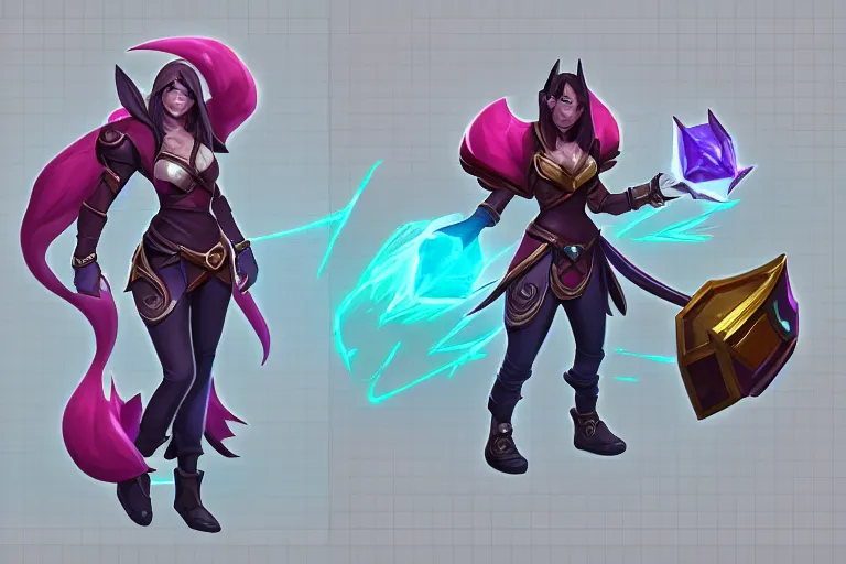 Image similar to Concept art of the new League of Legends Champion on Summoner's Rift, Isometric, Digital Painting, Trending on Artstation, Character Reference Sheet