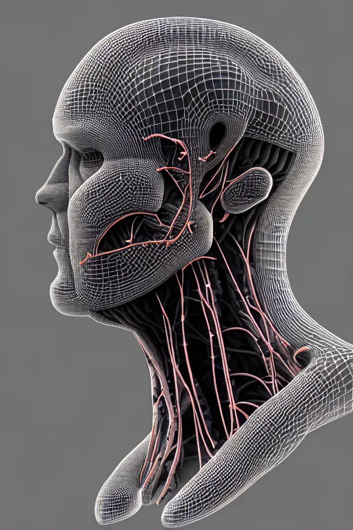 Image similar to 3D render of a rugged profile face portrait of a male cyborg, 150 mm, capacitors, Mandelbrot fractal, anatomical, flesh, facial muscles, neon wires, microchip, veins, arteries, full frame, microscopic, elegant, highly detailed, flesh ornate, elegant, high fashion, rim light, octane render in the style of H.R. Giger and Bouguereau