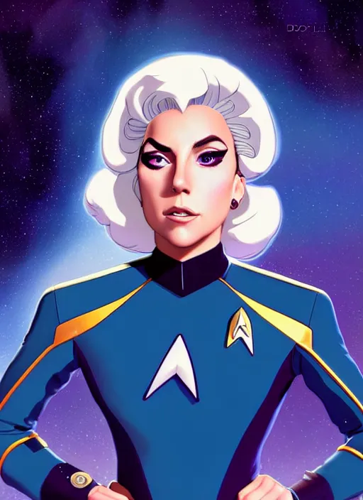Image similar to cute star trek officer lady gaga, natural lighting, path traced, highly detailed, high quality, digital painting, by don bluth and ross tran and studio ghibli and alphonse mucha, artgerm