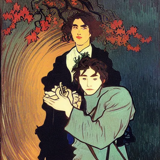 Image similar to painting of young cute handsome beautiful dark medium wavy hair man in his 2 0 s named shadow taehyung and cute handsome beautiful min - jun together at the halloween! party, bubbling cauldron!, candles!, smoke, autumn! colors, elegant, wearing suits!, clothes!, delicate facial features, art by alphonse mucha, vincent van gogh, egon schiele