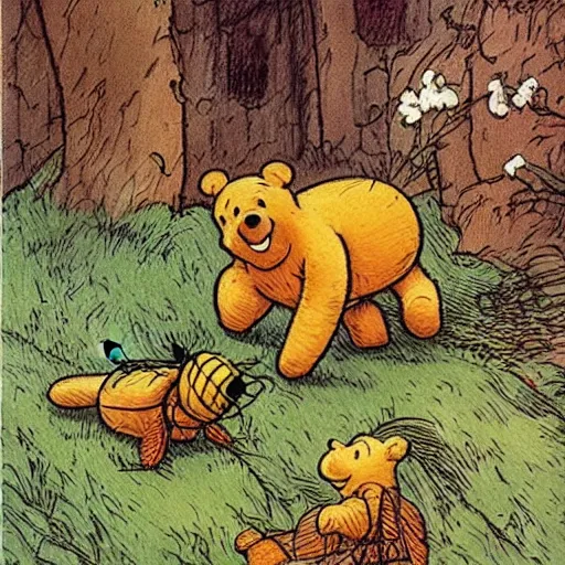 Prompt: Winnie The Poo is being killed by many bee stings in the style of E. H. Shepard