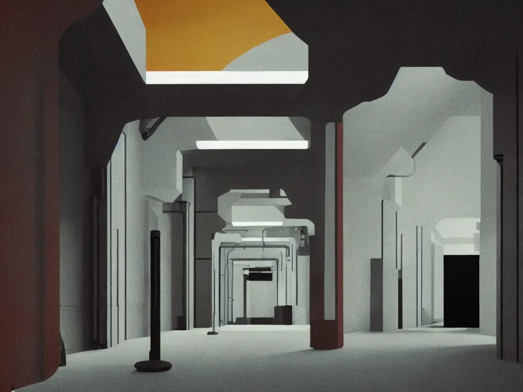 Image similar to colorful minimalist industrial interior hallway with monolithic pillars in the style of ridley scott and stanley kubrick, impossible stijl architecture, science fiction, lone silhouette in the distance, ultra wide angle view, cinematic, god rays, volumetric lighting, neo tokyo, realistic detailed painting by edward hopper