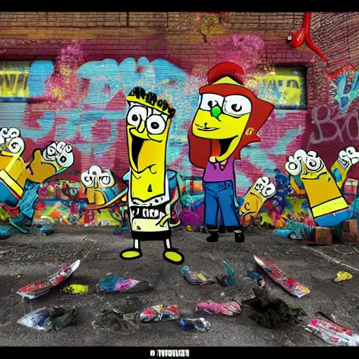 Prompt: Plastic SpongeBob and Sandy rapping, wearing rap outfits and bandanas, standing on the street, surrounded by a crowd of plastic fishes, wide angle shot, HDR, 4k, photoshop, patchwork, the earth is quaking under their feet from the music which cracks the ground, shockwaves are coming out, graffiti in the background, details faces, visible eyes, unreal engine