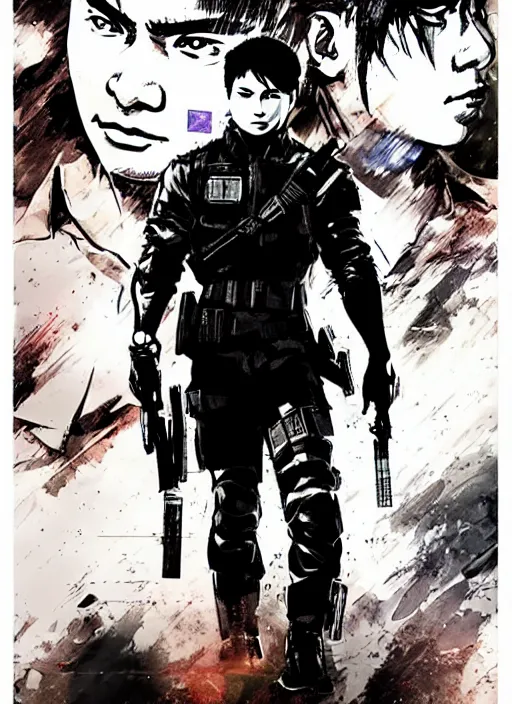 Image similar to coco martin as cardo dalisay from ang probinsyano in a poster shot, in the style of yoji shinkawa, in the style of metal gear solid cover art, gritty, dark hues