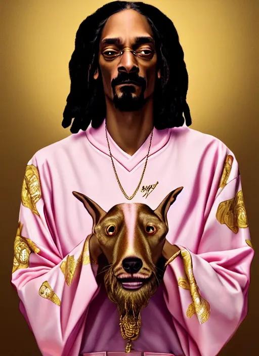 Image similar to dreamlike luxury snoop dogg portrait, pale pink and gold kimono, art by artgerm, wlop, loish, ilya kuvshinov, 8 k realistic, hyperdetailed, beautiful lighting, detailed background, depth of field, symmetrical face, frostbite 3 engine, cryengine,