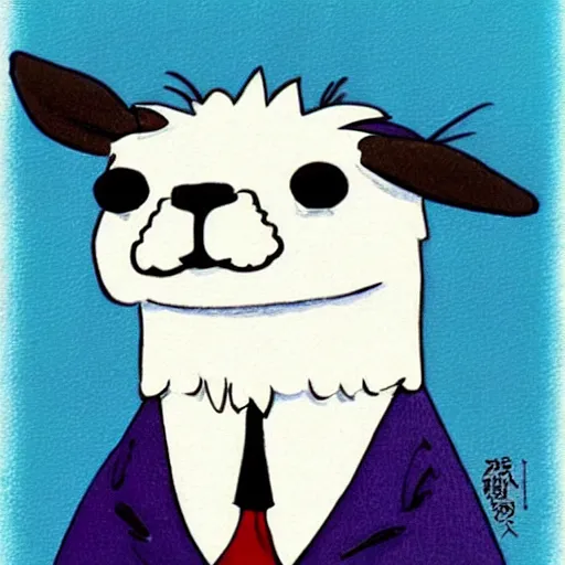 Prompt: cute alpaca wearing a tuxedo by Hayao Miyazaki, beautiful, colorful