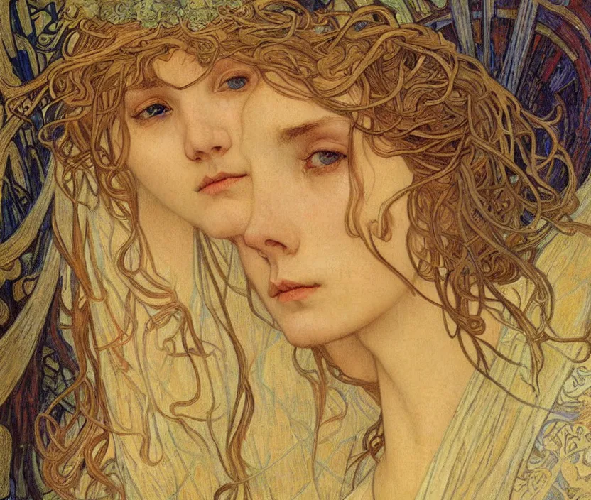 Image similar to detailed realistic beautiful young medieval queen face portrait by jean delville, alphonse mucha, vincent van gogh, and marco mazzoni, art nouveau, symbolist, visionary, gothic, pre - raphaelite