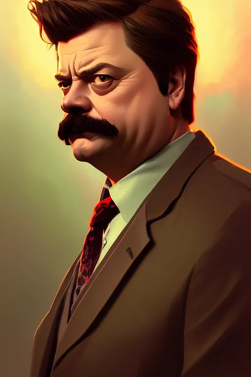 Prompt: a portrait of ron swanson, fantasy, sharp focus, intricate, elegant, digital painting, artstation, matte, highly detailed, concept art, illustration, ambient lighting, art by ilya kuvshinov, artgerm, alphonse mucha, and greg rutkowski