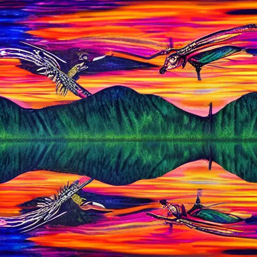 Image similar to brightly colored serpent with many wings many legs many claws partially covered in scales partially covered in feathers flying over a lake or river in the forested mountains with psychedelic sunset skies behind, 8 k, photorealistic, hyperrealism, detailed