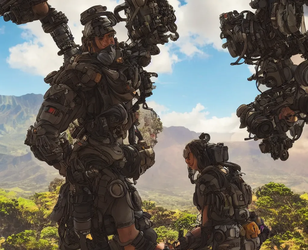 Prompt: vfx color film closeup, apex legends team irl, in maui, low - key lighting award winning photography arri alexa cinematography, hyper real photorealistic cinematic beautiful, atmospheric