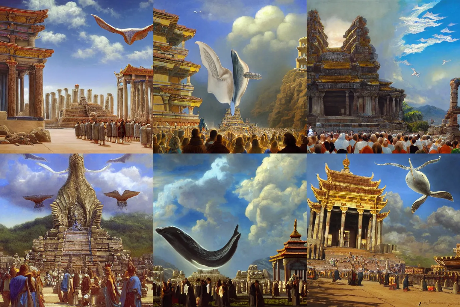 Prompt: a whale with feathered wings is flying above an ancient temple. priests are standing before the temple and worshipping the whale. light mood, blue sky with some clouds. painting by james gurney and justin gerard