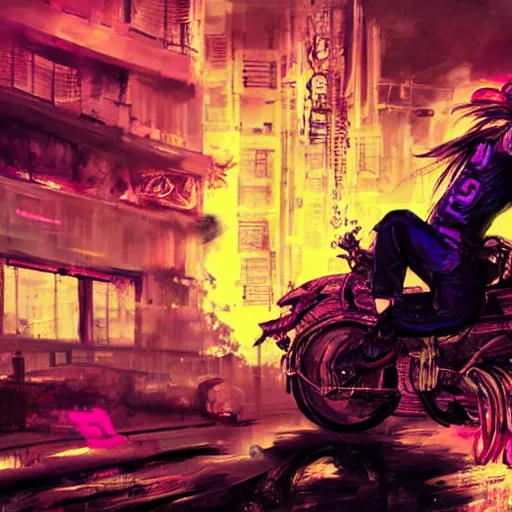 Image similar to portrait painting of a street samurai with long purple hair riding a motorcycle through a burning cyberpunk slum, glitch, concept art, intricate details, eerie, highly detailed, art by tsutomu nihei