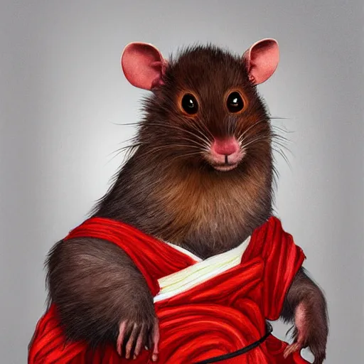 Image similar to a portrait of a human-rat mutant hybrid mutant with brown fur wearing a red kimono, painting, realistic, digital art