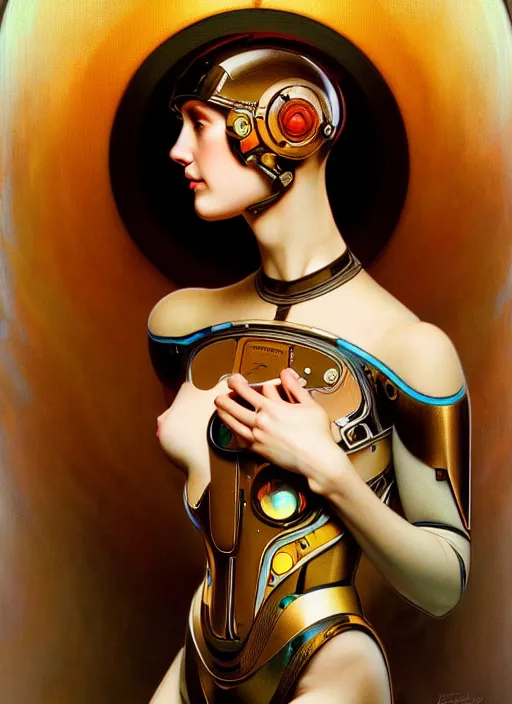 Image similar to portrait of a beautiful female android, coy, circuitry visible in head, in the style of ex machina, digital painting, karol bak, alphonse mucha, gil elvgren, award winning, hr giger, artstation, 8 k