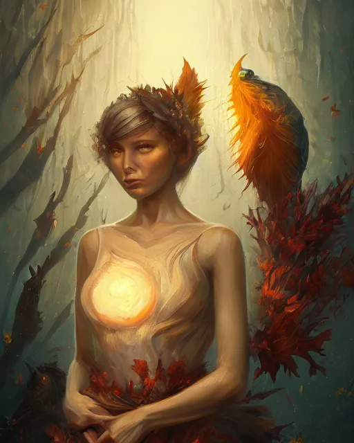 Prompt: the fall of summer or autumn detailed portrait painting of irreconcilable personification by anato finnstark, noah bradley, raymond swanland, and steven belledin, cinematic lighting, highly detailed, digital painting, trending on artstation, pixiv, concept art, sharp focus, illustration