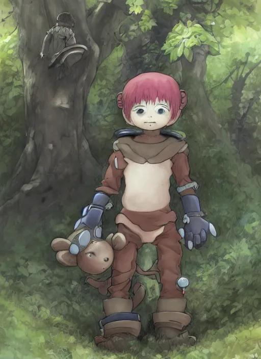 Image similar to beautiful little boy wearing an cyborg bear suit, artwork in kentaro miura and made in abyss and rosdraws and codename : kids next door, smooth, beautiful lightness, anatomically correct, trending on pixiv, forest