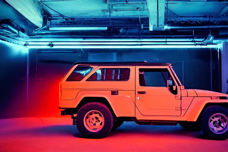 Image similar to studio photoshoot designed by giorgetto giugiaro of a single 1 9 8 8 fj 4 0 fairmont, thick neon lights, ektachrome photograph, volumetric lighting, f 8 aperture, cinematic eastman 5 3 8 4 film