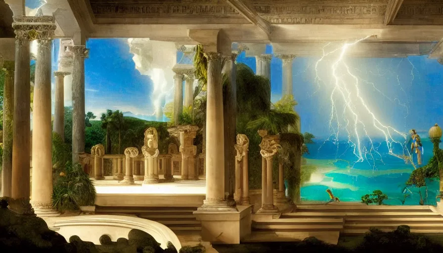 Prompt: From inside the balcony of the giant Palace, mediterranean balustrade and columns, refracted lines and sparkles, thunderstorm, greek pool, beach and Tropical vegetation on the background major arcana sky and occult symbols, by paul delaroche, hyperrealistic 4k uhd, award-winning, very detailed paradise