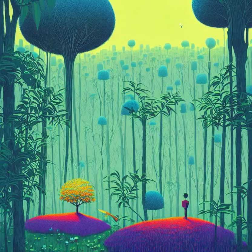 Image similar to ( ( ( ( ( gediminas pranckevicius ) ) ) ) ), stillness under bo tree in a jungle wild flower garden summer morning, very coherent and colorful high contrast art by james gilleard floralpunk screen printing woodblock, dark shadows, pastel color, hard lighting