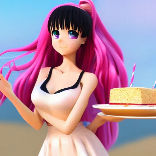 Image similar to Render of a beautiful 3d anime woman holding a birthday cake out to the camera, long light pink hair, full bangs, hazel eyes, cute freckles, full round face, soft smile, Chinese heritage, cute checkerboard sundress, golden hour, serene beach setting, medium shot, mid-shot, hyperdetailed, trending on Artstation, Unreal Engine 4k