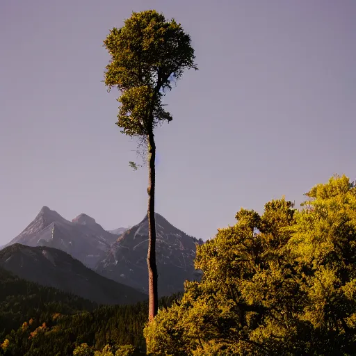 Prompt: A mountain with a giant tree on the top,