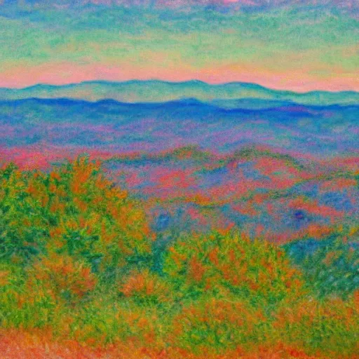 Image similar to asheville skyline from beaucatcher mountain, in the style of claude monet, watercolor, beautiful, scenic, award winning, 4 k, hd
