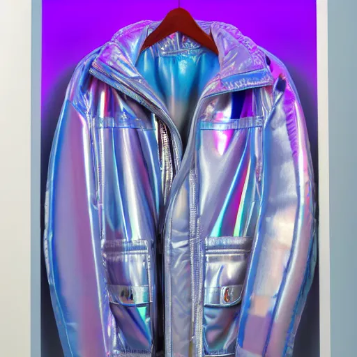 Image similar to an ultra high definition professional studio quality photograph of a transparent iridescent perspex pastel coloured puffa - jacket on a white coat hook in an empty white room. dramatic lighting, ray tracing, refraction, shallow d. o. f, colour corrected, golden ratio, three point light. light rays.