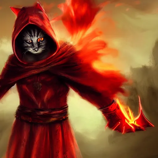 Image similar to cat Berserker, red glowing eyes, in magic armor, wearing red hoodie and torn cape, magic gathered in his chest, fire in background, D&D, fantasy, cinematic