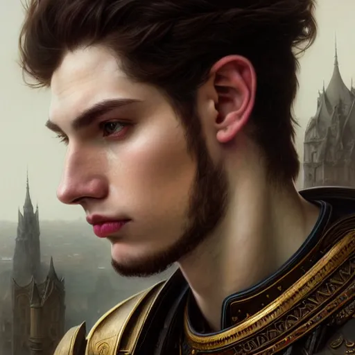 Prompt: portrait painting of a pale serious young man with a soft face and medium brown hair wearing armor, ultra realistic, concept art, intricate details, eerie, highly detailed, pursed lips, melancholy expression, photorealistic, octane render, 8 k, unreal engine. art by artgerm and greg rutkowski and charlie bowater and magali villeneuve and alphonse mucha