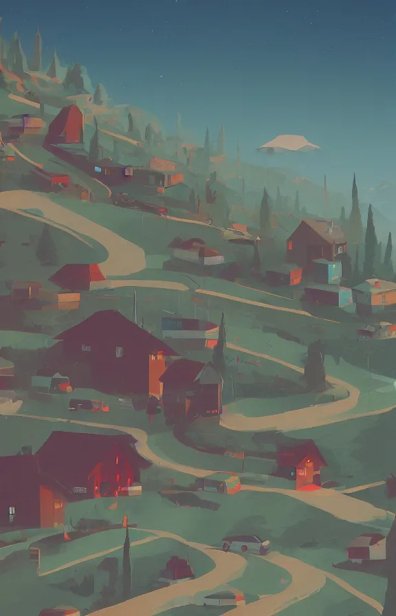 Prompt: house and roads on a mountain, sharp focus, james gilleard, print, game art