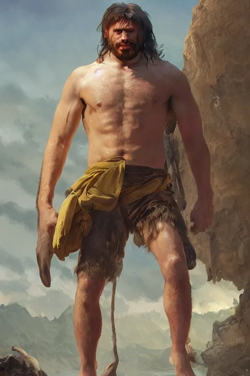 Prompt: chris evans cave man clothes fighting in the sun, yellow lighting ultra realistic photorealistic highly detailed high quality, a stunningly, digital painting, artstation, concept art, smooth, sharp focus, illustration, art by artgerm and greg rutkowski and alphonse mucha 8 k