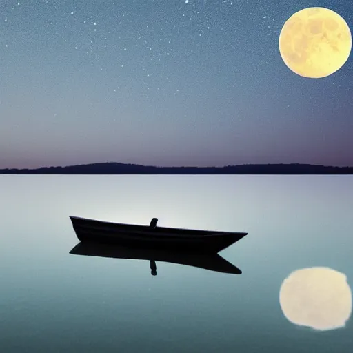 Prompt: A beautiful small boat alone on a lake at twilight with calm waters, the moon shines from above causing light ripples in the water. A small and calm traveller sits in the boat, at peace with himself and the world. A digital art piece designed by psychologists to calm a troubled mind. Tranquil dreams of tepid water, a moment frozen in time. Trending on art station, an award winning masterpiece