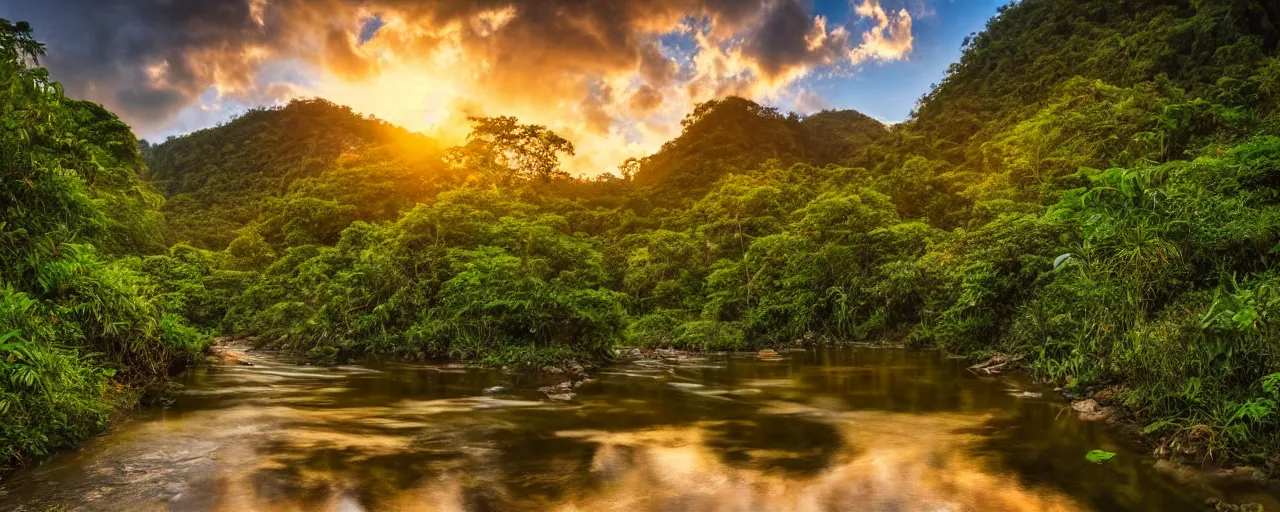 Image similar to River flows through a jungle in the mountains, golden hour, reflections, clouds, flowers, birds, landscape photography, award winning, high detail