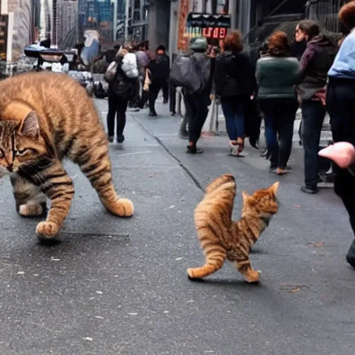 Prompt: giant kitten attacking new york city causing chaos and destruction